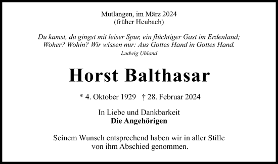 Traueranzeige von Horst Balthasar von Gmünder Tagespost