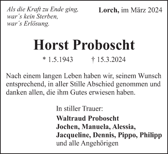 Traueranzeige von Horst Proboscht von Gmünder Tagespost