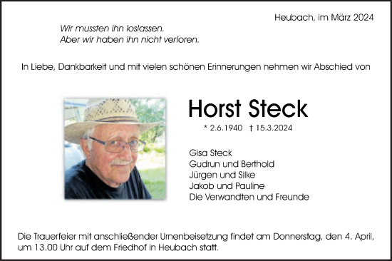 Traueranzeige von Horst Steck von Gmünder Tagespost