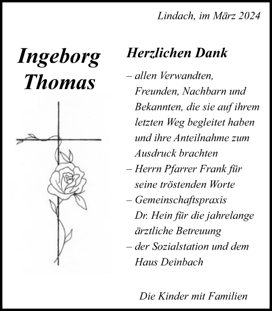 Traueranzeige von Ingeborg Thomas von Gmünder Tagespost