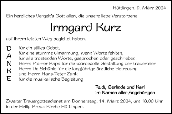 Traueranzeige von Irmgard Kurz von Schwäbische Post