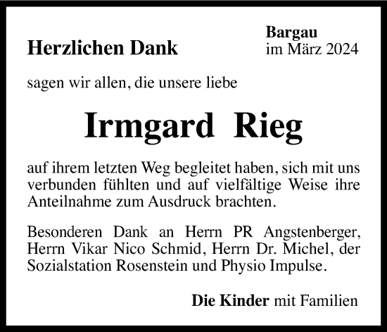 Traueranzeige von Irmgard Rieg