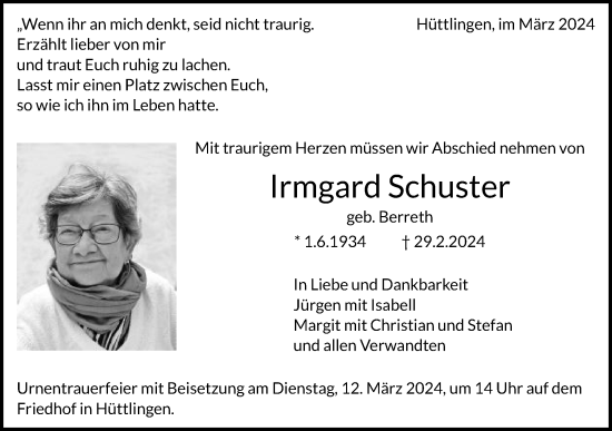 Traueranzeige von Irmgard Schuster von Schwäbische Post