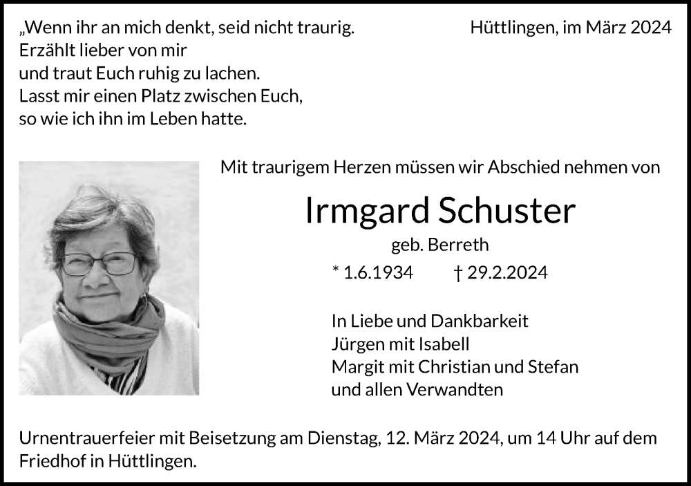 Traueranzeige für Irmgard Schuster vom 07.03.2024 aus Schwäbische Post