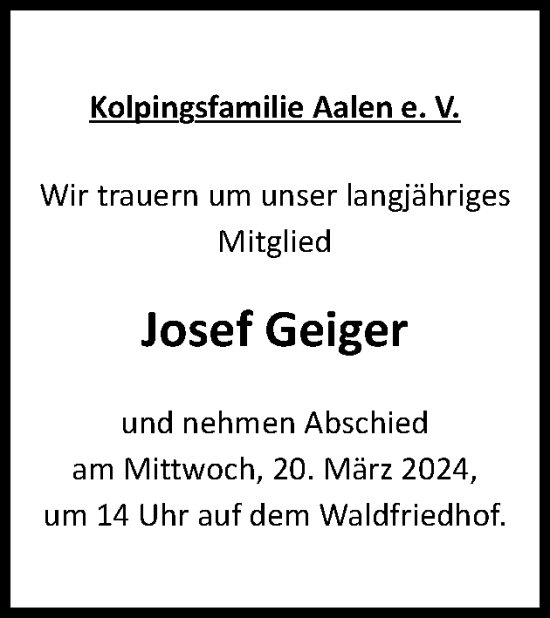 Traueranzeige von Joesf Geiger von Schwäbische Post