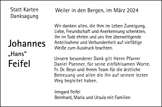 Traueranzeige von Johannes Feifel von Gmünder Tagespost