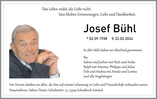 Traueranzeige von Josef Bühl von Gmünder Tagespost