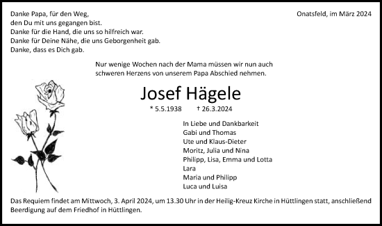 Traueranzeige von Josef Hägele von Schwäbische Post