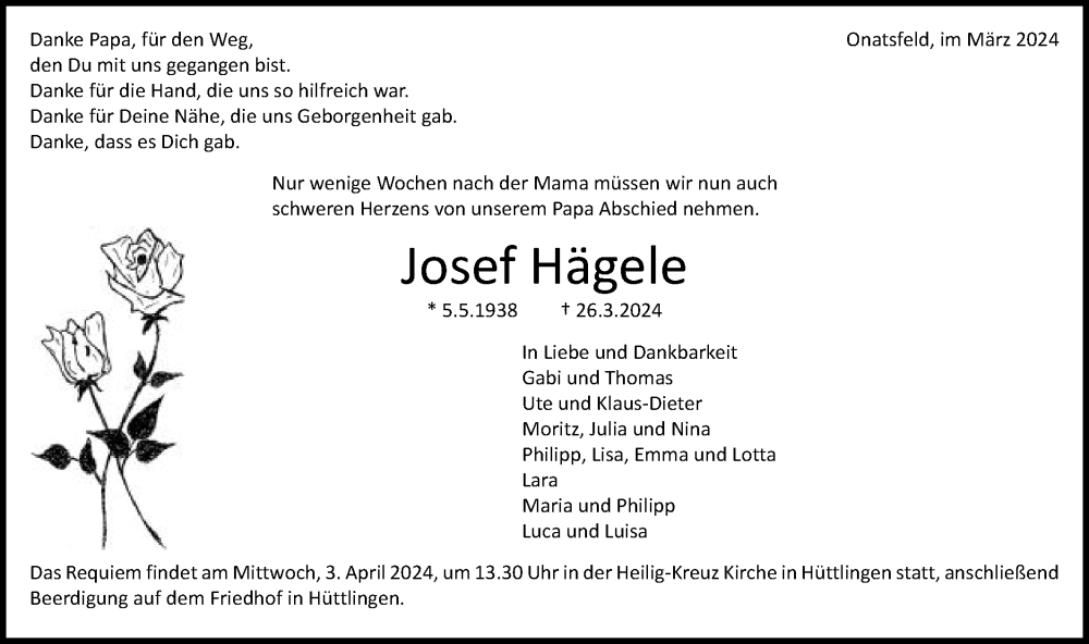  Traueranzeige für Josef Hägele vom 30.03.2024 aus Schwäbische Post