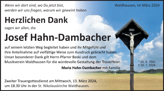 Traueranzeige von Josef Hahn-Dambacher von Schwäbische Post