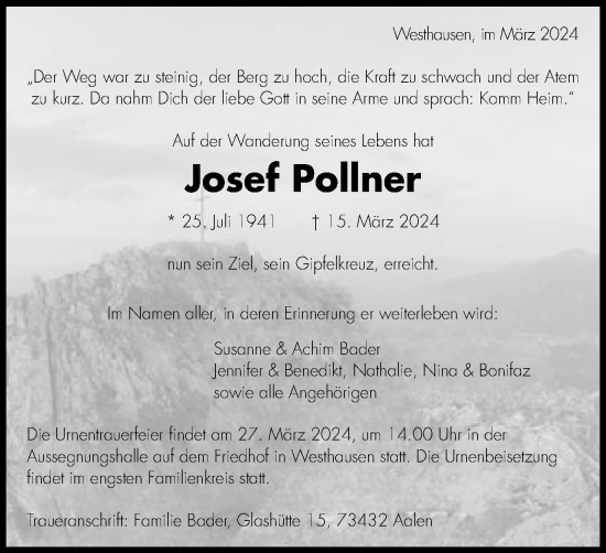 Traueranzeige von Josef Pollner von Schwäbische Post