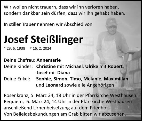 Traueranzeige von Josef Steißlinger von Schwäbische Post