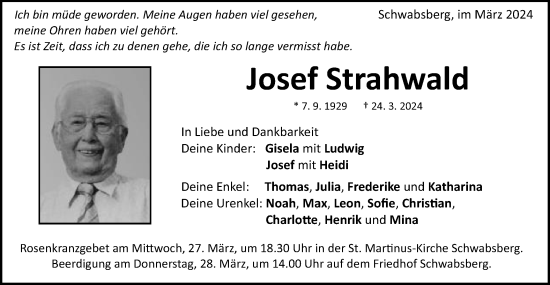 Traueranzeige von Josef Strahwald von Schwäbische Post