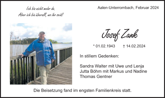 Traueranzeige von Josef Zank von Schwäbische Post