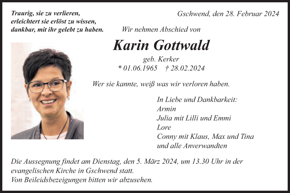  Traueranzeige für Karin Gottwald vom 02.03.2024 aus Gmünder Tagespost