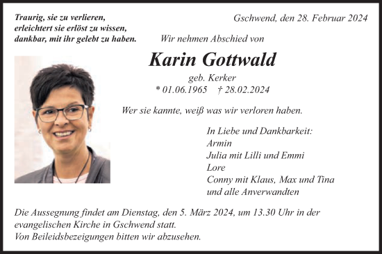 Traueranzeige von Karin Gottwald von Gmünder Tagespost