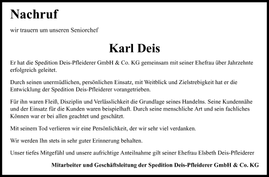 Traueranzeige von Karl Deis von Schwäbische Post