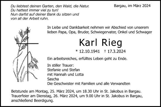 Traueranzeige von Karl Rieg von Gmünder Tagespost