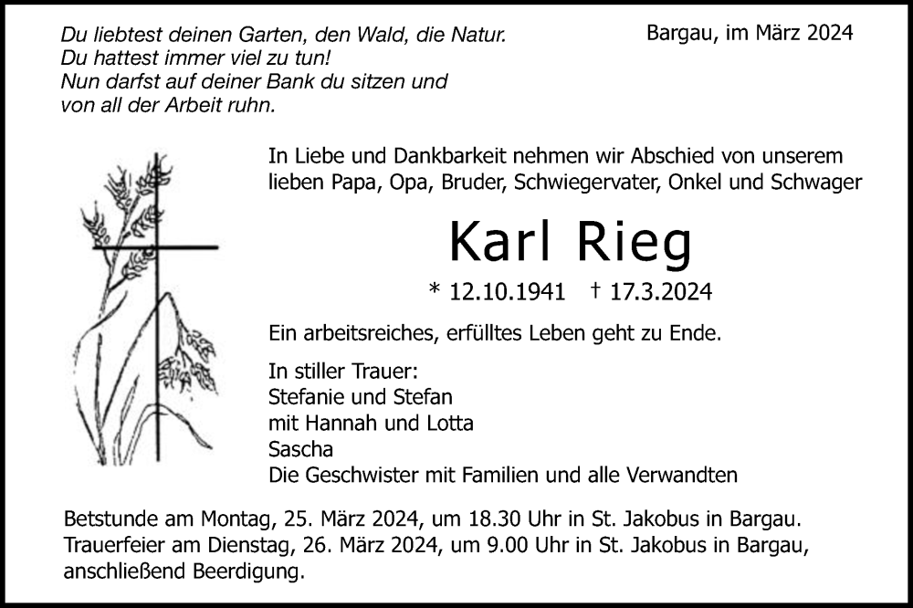  Traueranzeige für Karl Rieg vom 23.03.2024 aus Gmünder Tagespost