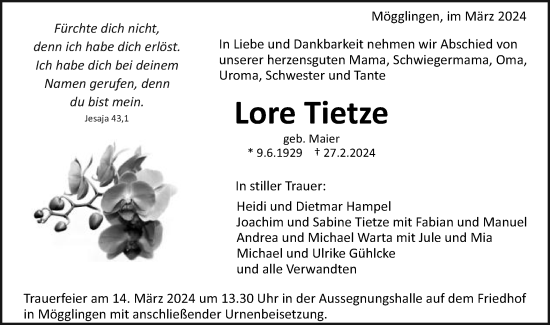 Traueranzeige von Lore Tietze von Gmünder Tagespost