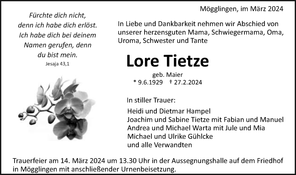  Traueranzeige für Lore Tietze vom 12.03.2024 aus Gmünder Tagespost