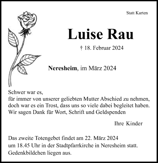 Traueranzeige von Luise Rau von Schwäbische Post