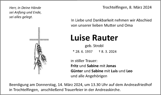 Traueranzeige von Luise Rauter von Schwäbische Post