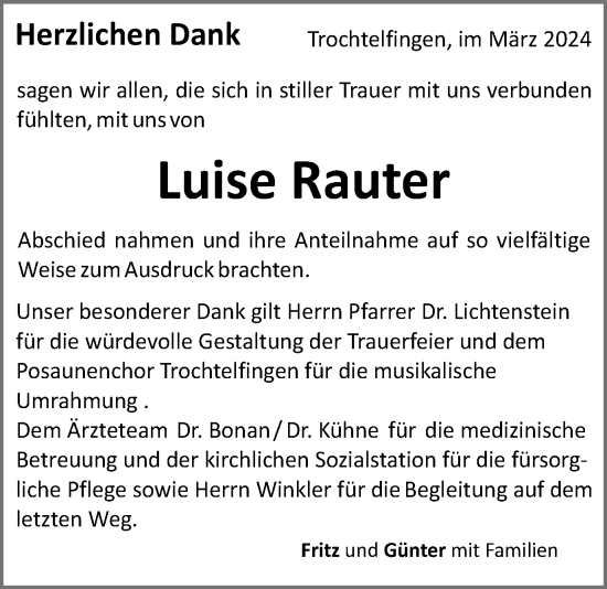 Traueranzeige von Luise Rauter von Schwäbische Post