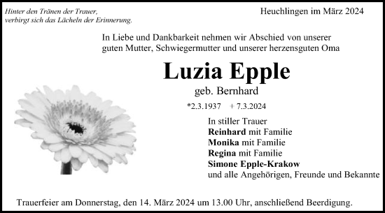 Traueranzeige von Luzia Epple von Gmünder Tagespost