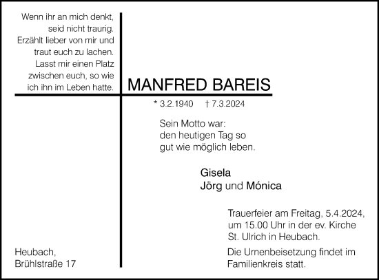 Traueranzeige von Manfred Bareis von Gmünder Tagespost