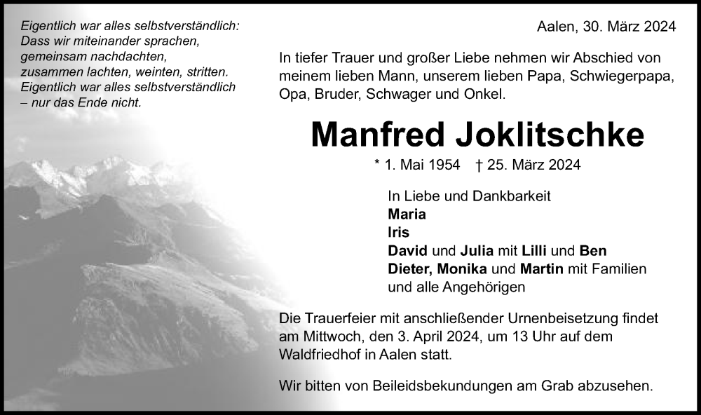  Traueranzeige für Manfred Joklitschke vom 30.03.2024 aus Schwäbische Post