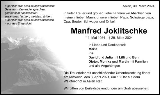 Traueranzeige von Manfred Joklitschke von Schwäbische Post