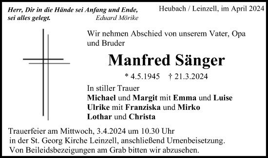 Traueranzeige von Manfred Sänger von Gmünder Tagespost