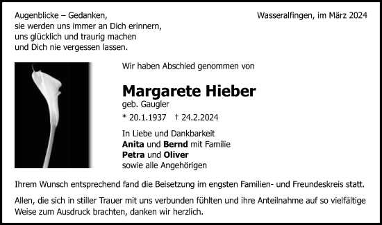 Traueranzeige von Margarete Hieber von Schwäbische Post