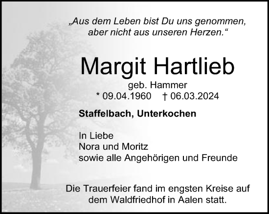 Traueranzeige von Margit Hartlieb von Schwäbische Post