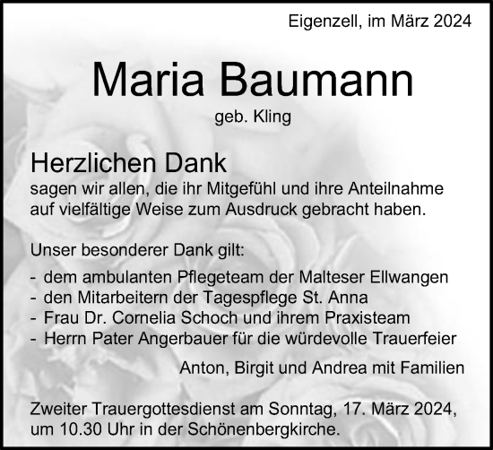 Traueranzeige von Maria Baumann