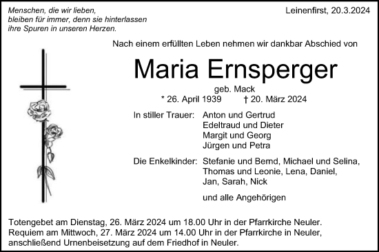 Traueranzeige von Maria Ernsperger