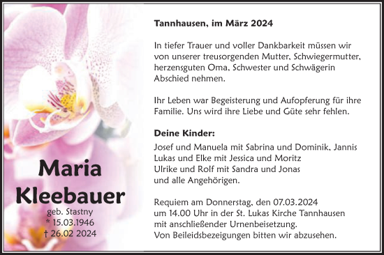 Traueranzeige von Maria Kleebauer von Schwäbische Post