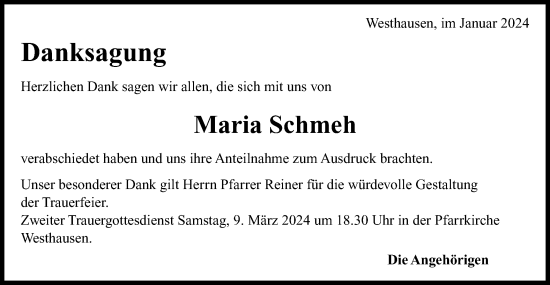 Traueranzeige von Maria Schmeh von Schwäbische Post