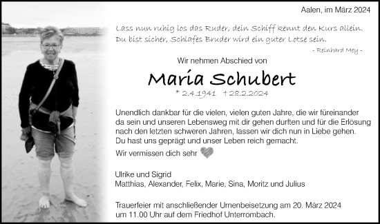 Traueranzeige von Maria Schubert von Schwäbische Post