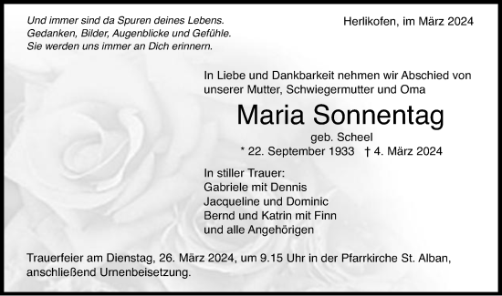 Traueranzeige von Maria Sonnentag von Gmünder Tagespost