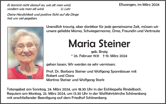 Traueranzeige von Maria Steiner