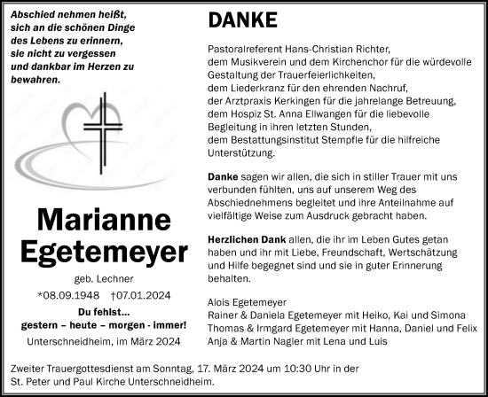 Traueranzeige von Marianne Egetemeyer von Schwäbische Post