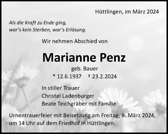 Traueranzeige von Marianne Penz von Schwäbische Post