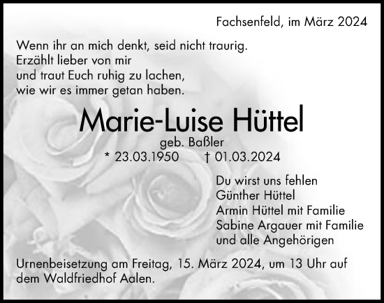 Traueranzeige von Marie-Luise Hüttel von Schwäbische Post