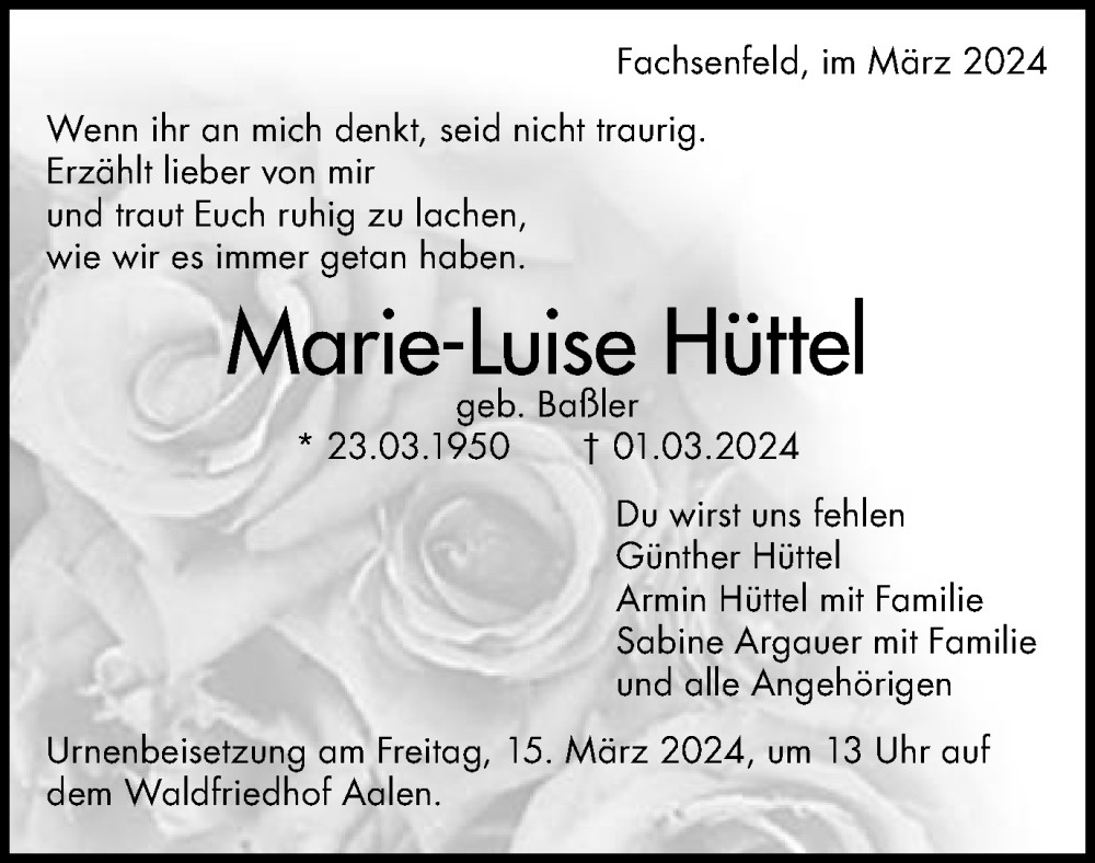  Traueranzeige für Marie-Luise Hüttel vom 09.03.2024 aus Schwäbische Post