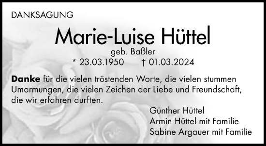 Traueranzeige von Marie-Luise Hüttel von Schwäbische Post