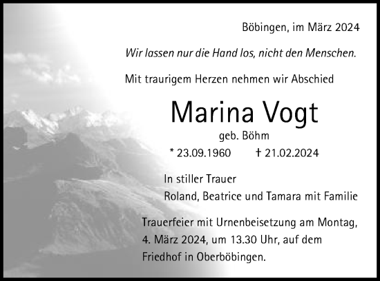 Traueranzeige von Marina Vogt von Gmünder Tagespost