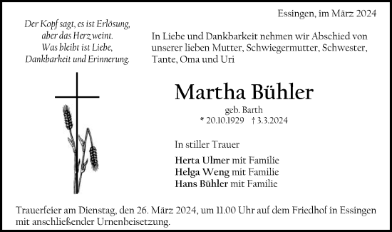Traueranzeige von Martha Bühler von Schwäbische Post