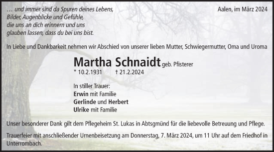 Traueranzeige von Martha Schnaidt von Schwäbische Post